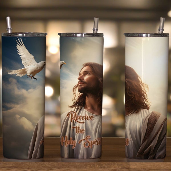 30oz & 20oz Skinny tumbler wrap of Jesus Christ with The Holy Spirit Dove descending over His right shoulder, Christian sublimation design