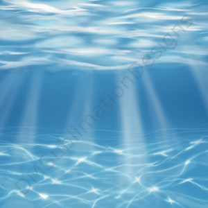 May include: A digital illustration of the underwater scene with light rays shining through the water. The water is a light blue color and the light rays are white.