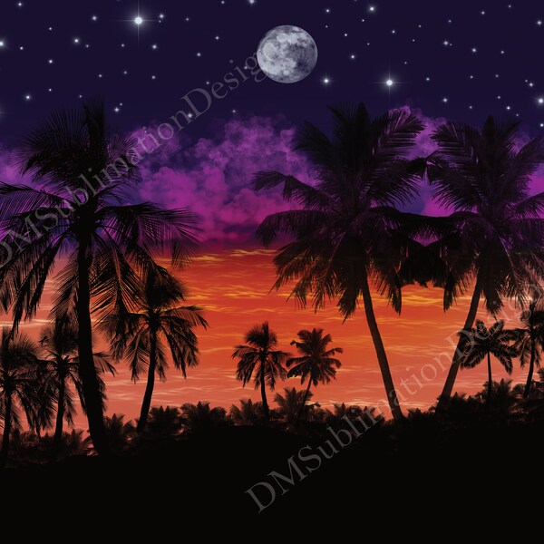 30oz & 20oz Skinny tumbler wrap digital design of palm tree scene at night with moon and stars, cloudy sky, waves in water background