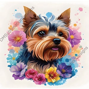 Vaso delgado de envoltura completa de 20 oz y 30 oz diseño digital de un Yorkshire Terrier pintado en acuarelas rodeado de flores, Yorkie, cachorro