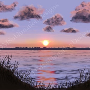 May include: Digital art of a sunset over a body of water. The sun is a bright yellow orb, reflecting on the water. Pink and purple clouds fill the sky. Tall grass is in the foreground. The text "DMSublimation Designs" is in the image.