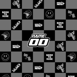 May include: A checkered pattern in black and gray featuring motocross-themed graphics. The design includes motorcycle helmets, motorcycles, checkered flags, and text that reads "BORN TO RIDE", "BRAAP!", "MIGHTY MOTU", and a customizable name and number.