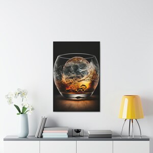 Whiskey Glass Canvas | Sphere Ice Cube and Bourbon AI Generated Art | Mancave or Bar Decor