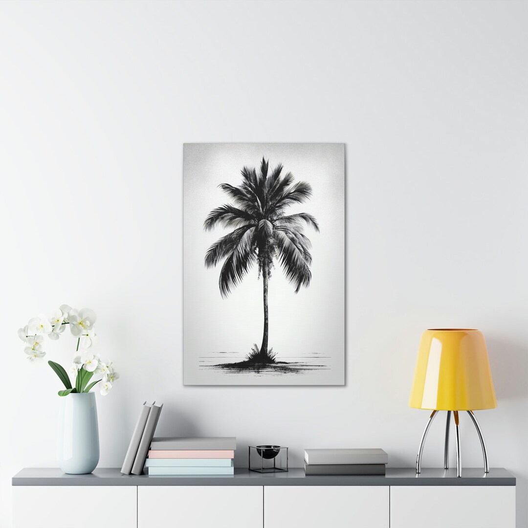 Palm Tree Canvas L Tropical AI Art L Black and White Tree in Sand L ...