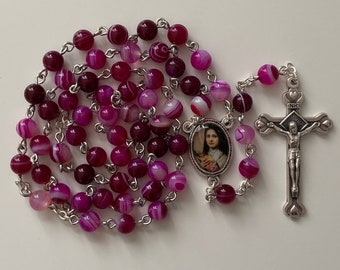 Handmade Catholic Gemstone Rosary. Pink Stripped Agate Beads. St Therese of Lisieux Medal. St Augustine Piety Shop