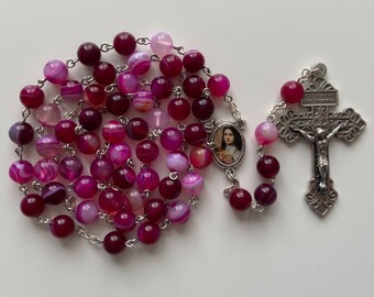 St. Therese Medal. Pardon Crucifix. Striped Pink Agate. Catholic Rosary Prayer Beads | St Augustine Piety Shop