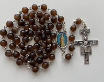 Franciscan-Inspired Rosary - Brown Glass Beads, San Damiano Cross, Double-sided St Francis and St Clare Medal | St Augustine Piety Shop