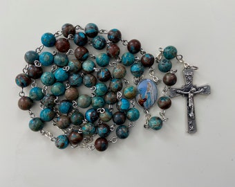Handmade Gemstone Catholic Rosary Prayer Beads. Lace Agate. Our Lady of Lourdes Centre Medal | St Augustine Piety Shop