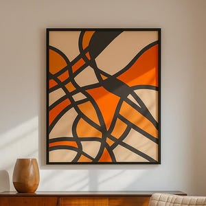 Impresión de arte mural abstracto: póster minimalista naranja y negro, decoración moderna de mediados de siglo, arte para sala de estar, estética geométrica para el hogar.