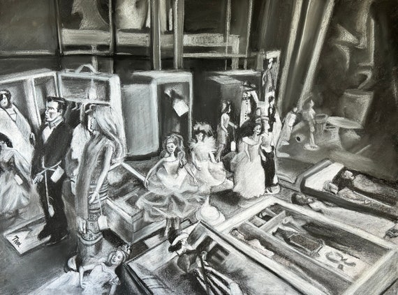 Original Charcoal Drawing of Vintage Barbies. Yesterday's Playthings.