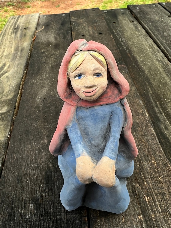Little Red Riding Hood. Hand-built, artisan, original clay sculpture for country home décor and/or vintage inspired gift