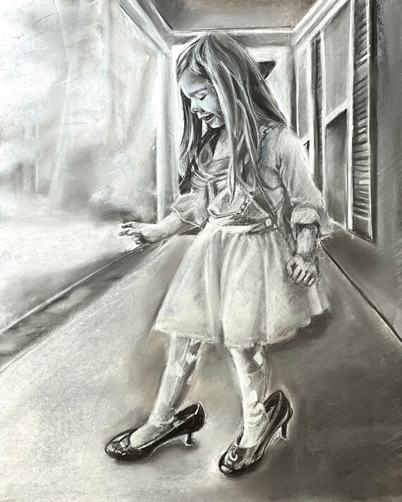 Hand drawn, original work. Walking in Her Footsteps: A Mother & Daughter Shoe Drawing - Gift for mothers and daughters.