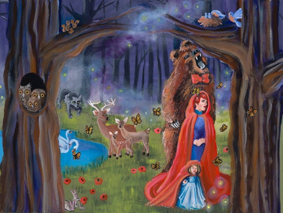 Original Acrylic Painting of the Strength of Papa Bear: A Grimms' Fairytale Scene. Print for home decor.