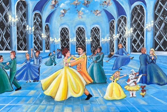 Original Acrylic Painting-print for home decor. Enchanted Dance: A Fairytale Ballroom Scene