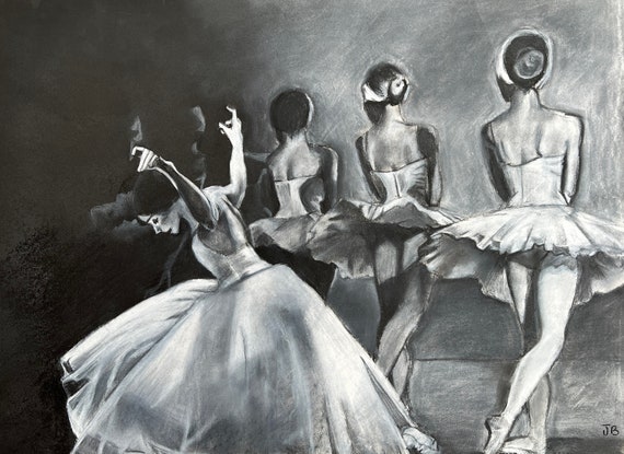 Original drawing. A Touch of Elegance: Ballet Dancers - Charcoal Art Print