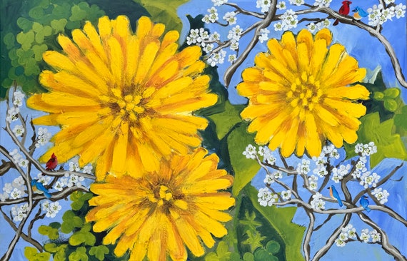 A Vibrant, original Acrylic Painting of Dandelions on 20" x 33" canvas. Original art. Sunshine and Wishes. Work for sale by artist.