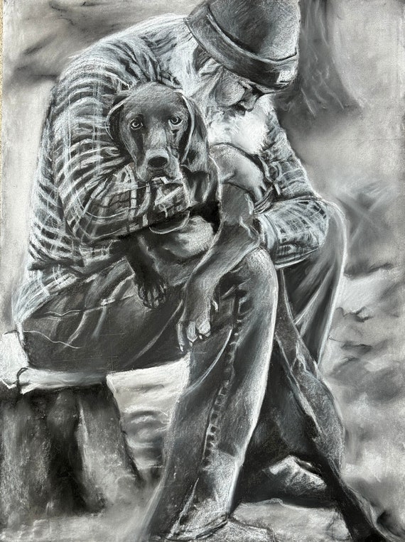 Original drawing. Nostalgic Charcoal Drawing of Man and Dog. Art print for a Rustic Home. A Nostalgic Charcoal Drawing of Man and Dog.