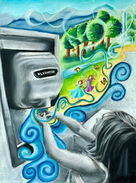 Original charcoal and colored pastel drawing about seeing the world through a child's eyes: The Magical Hand-Dryer (charcoal & pastel)