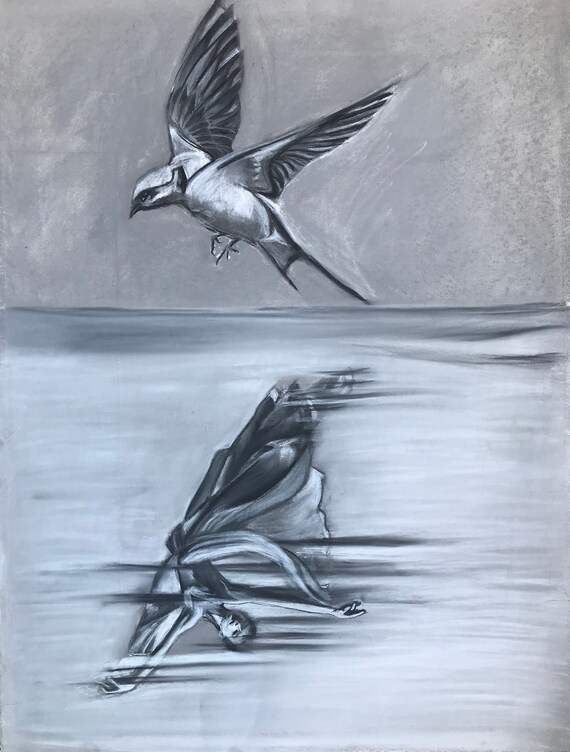 Charcoal print. Taking Flight. A Bird's Dream of Ballet