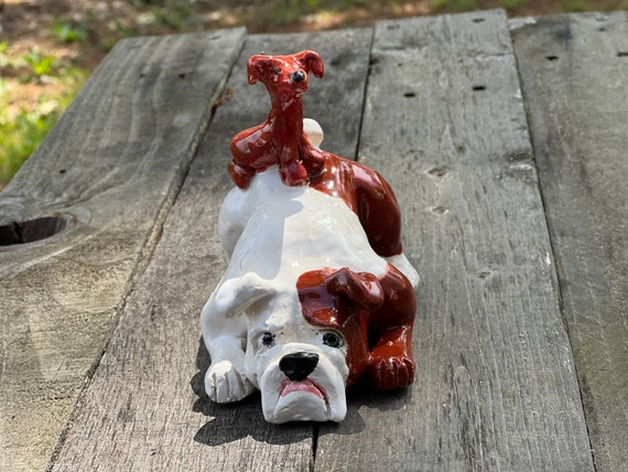 Hand-made, artisanal clay sculpture dachshund and bulldog. Great gift for dachshund and bulldog lovers and owners and country cottage décor