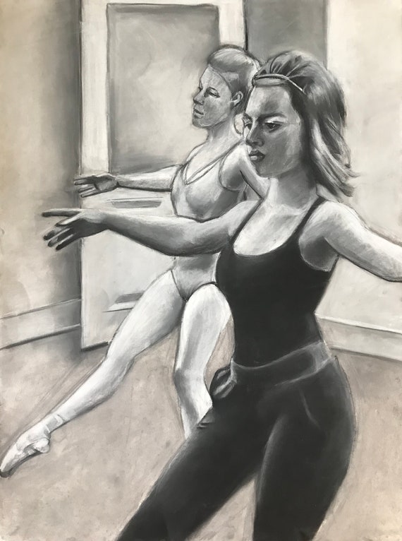 Original drawing. Charcoal Print. The Art of Practice. A Ballet Rehearsal Scene