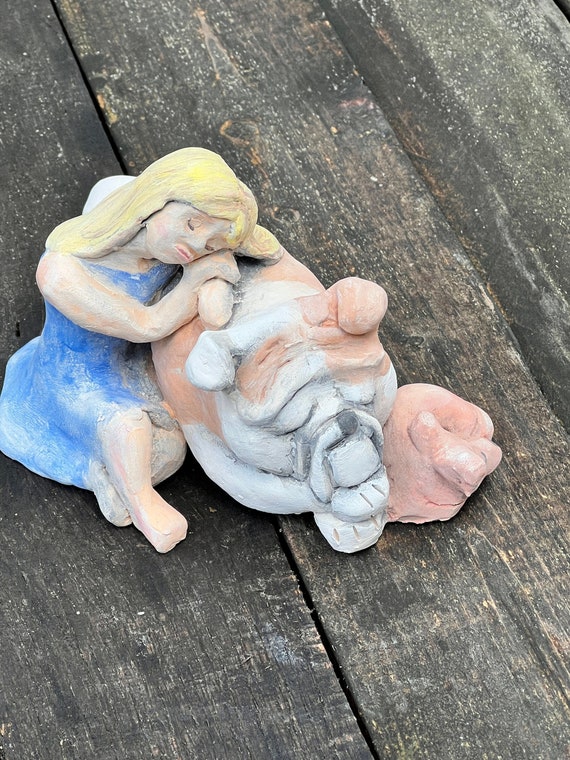 Nap Time. Hand-made, authentic Clay Sculpture bulldog, Dachshund, and little girl made by artisan for Country cottage décor.