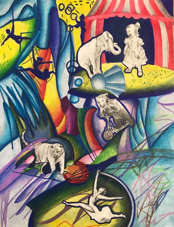 Original Artwork for wall/home decore. My Daughter's Circus. Created from my daughters scribbles. Professional Art Print