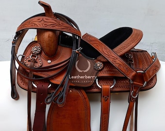 Hand-Tooled Brown Leather Black Seat Western Trail Saddle Tack Set with Headstall and Breastplate, Floral Detailing, size 10 to 18 inches.