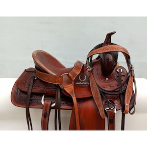 Deep Seat Brown Floral Hand-Tooled and Carved Leather Western Trail/ Ranch Saddle Tack Set with Headstall and Breastplate, size 10-18 inches