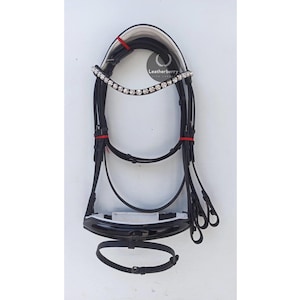 Black Leather with Silver Single Row Crystal Curved Browband Padded Anatomic Horse Bridle  (Full, Cob, Pony) Free Shipping by Leather Berry.