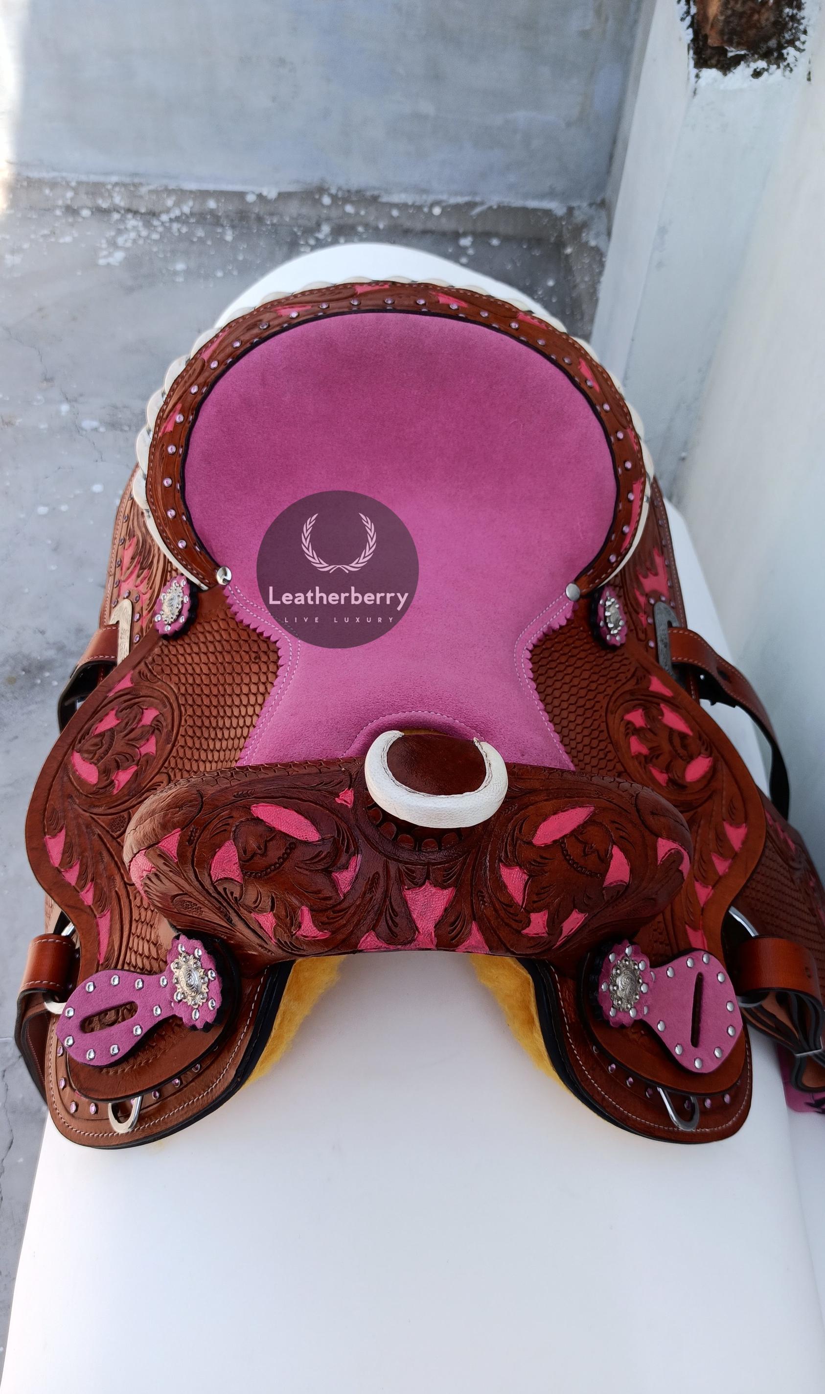 Ensemble D’attaches Western Pour Cheval – Rose Et Marron – En Cuir – Pour Enfant Ou Jeune Adulte – Neuf Sous Emballage