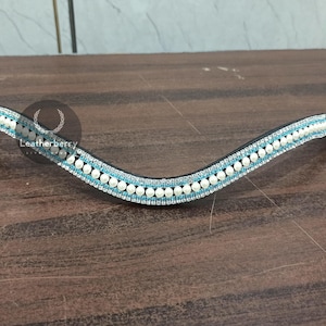 Beautiful Sky Blue Tint with Silver and White Five Rows Crystal Leather Horse Curve Browband For Horse Bridle in 4 Size F/s By Leatherberry