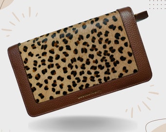 Clutch mit Leopardenprint und braunem Rand | Hairon Leder Clutch/Geldbörse/Portemonnaie für Frauen