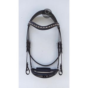 Black Leather with Black & Silver Crystal Curved Browband Padded Anatomic Horse Bridle with White Padding (Full, Cob, Pony) by Leather Berry