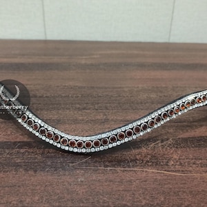 Sparkling Brown with Silver Three Rows Crystal, Brown Leather Horse Curve Browband For Horse Bridle in 4 Sizes Freeship By Leatherberry
