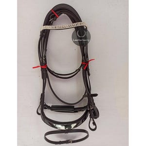 Black Leather with Silver 3 Rows Crystal Curved Browband Horse Bridle for Horse Riding (Full, Cob, Pony) Free Shipping by Leather Berry.