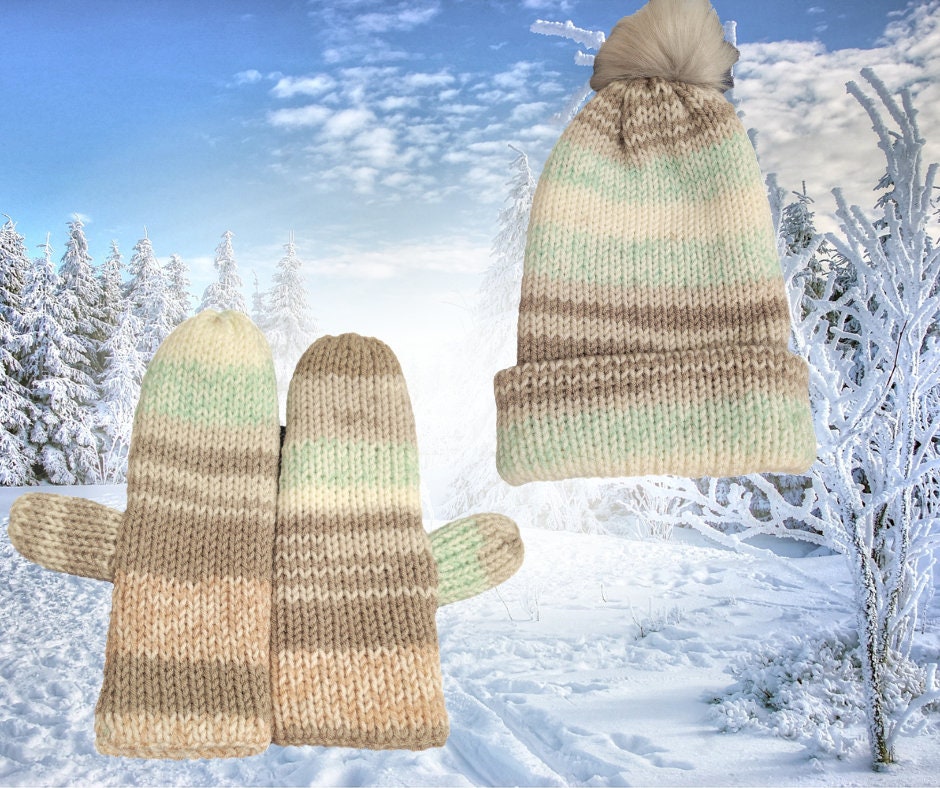 Winter Hat and Mittens mint, Gray, and White Mixed Colors. Etsy