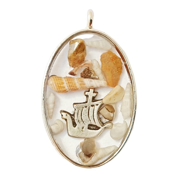 Sea of galilee sea shells and stones silver oval pendant with ancient boat icon, st. Peter boat, Israel