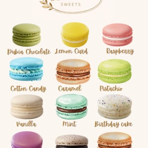 May include: An assortment of colorful macarons, including flavors like Dubia Chocolate, Lemon Curd, Raspberry, Cotton Candy, Caramel, Pistachio, Vanilla, Mint, Birthday Cake, Blueberry, Cookies & Cream, and Biscoff. The image features the "Dolci Sweets" logo.