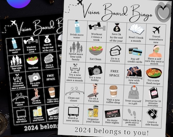 2026 Vision Board bingosjabloon, bingospel persoonlijke doelen, That Girl Vision Board afdrukbaar, Vision Board-activiteit, Vision Board Party
