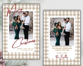 Photo Christmas Card Template, Beige Buffalo Plaid Christmas Card, Printable Family Christmas Card, Personalized Holiday Card with Photo