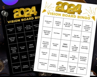 May include: A printable 2024 Vision Board Bingo card with a gold 2024 design. The card has a 5x5 grid with various goals and activities to complete in 2024, such as "Drink more water", "Workout 2 times a week", "Save 5k by the end of the year", "Read 1 book a month", and "Travel somewhere I've never been".