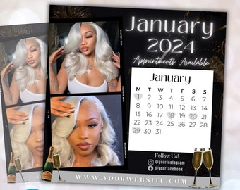 May include: Black and gold flyer template with a calendar for January 2024. The flyer features two photos of a woman with long blonde hair. The text "Appointments Available" is written in white on a black background. The calendar shows the days of the week and the dates for January 2024. The flyer also includes the text "Follow Us!" with social media handles for Instagram and Facebook. The website address is at the bottom of the flyer.