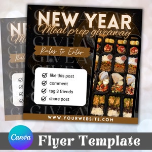 Könnte beinhalten: Ein Flyer für ein Neujahrs-Meal-Prep-Gewinnspiel. Der Flyer hat einen braunen Hintergrund mit schwarzem Text, der "New Year Meal Prep Giveaway" lautet. Es gibt ein weißes Kästchen mit einem Häkchen neben jedem der folgenden Punkte: "like this post", "comment", "tag 3 friends" und "share post". Der Flyer enthält auch eine Website-Adresse: www.yourwebsite.com. Der Flyer zeigt ein Foto von verschiedenen Meal-Prep-Behältern, die mit Essen gefüllt sind.