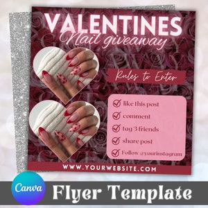 Valentines Nail Giveaway FLYER-sjabloon, Valentijnsdag Giveaway, Social Media Giveaway Post, Instagram Flyer, Nail Flyer, Esthetische Flyer