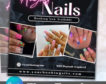 August Nail Booking Flyer, DIY Summer Book Now, Open Appointments, Beauty Hair Lashes Wigs Make Up Nails, Social Media Canva Flyer Template