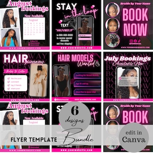 Plantillas de publicaciones de contenido para el cabello, diseño de volantes para estilistas, publicaciones de participación en redes sociales, folletos de paquetes de cabello, publicaciones de pelucas, folletos comerciales