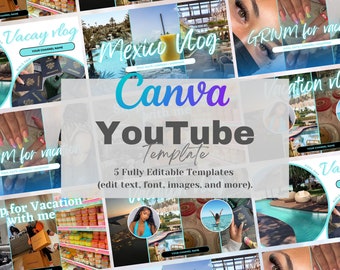 YouTube Vacation Thumbnail Templates, YouTube Channel Branding Kit, Youtube Thumbnails bundle of 5, Editable Canva Templates,Content Creator