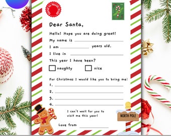 May include: A Christmas wish list template with a red and green striped border. The template includes fill-in-the-blank sections for name, age, and Christmas wishes. A gingerbread man and North Pole sign are featured.