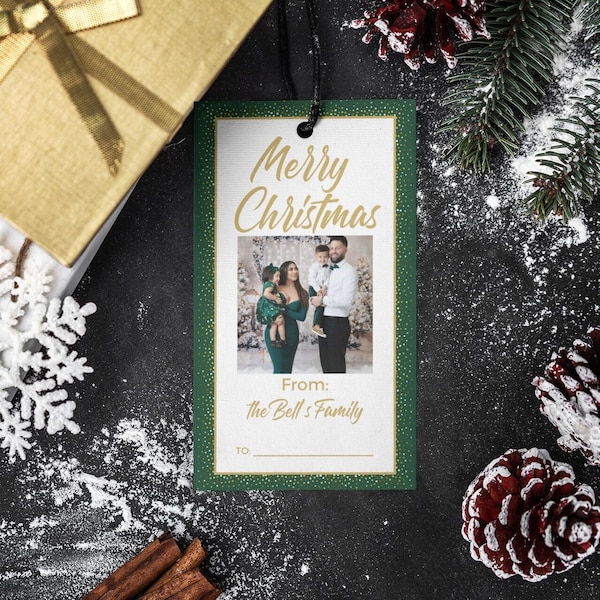 Christmas Photo Gift Tag, Editable Gift Tag Template, Green Glitter Christmas Gift Tag, Holiday Photo Gift Tag Template, Instant Download